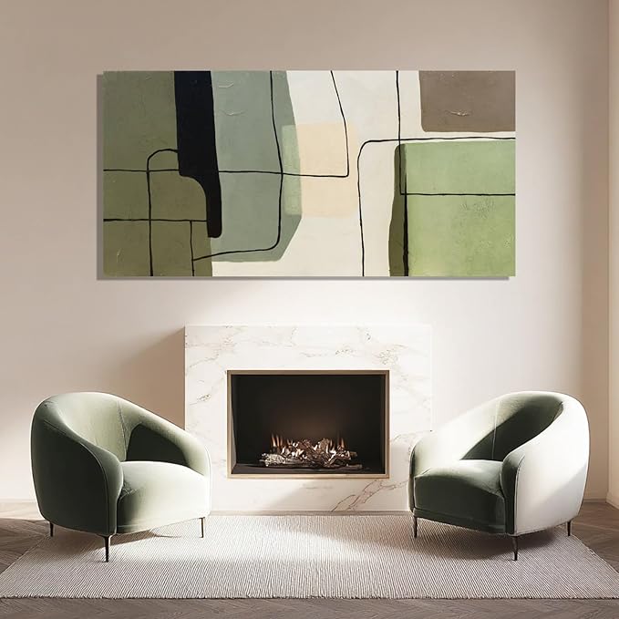 Framed Green Abstract Wall Art and White Modern Wall Decor, Modern Canvas Prints for Living Room, Bedroom, or Office, 24" x 48"