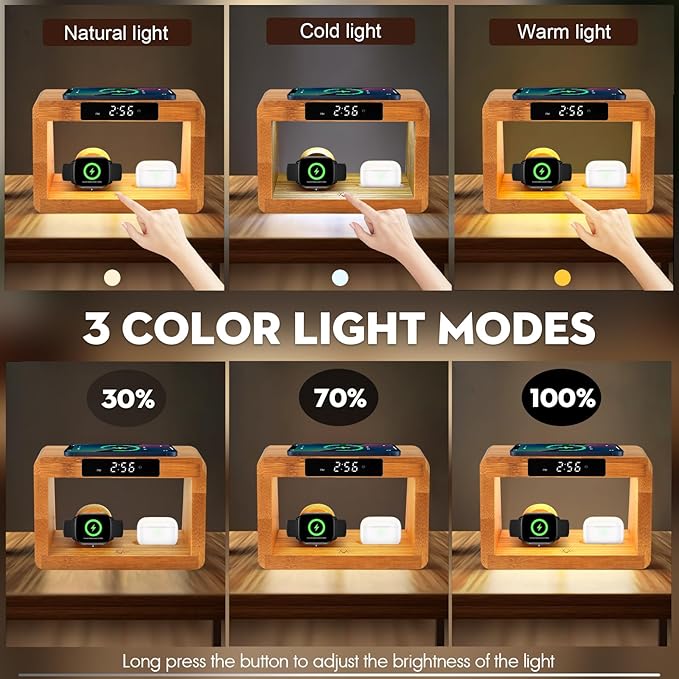 Wooden Bedside Table Lamps for Bedroom with Wireless Charger, nightstand lamp with Charging Station, 3 Night Light Modes Dimmable Touch Bedside Lamps with Alarm Clocks Lamps for Night Stands