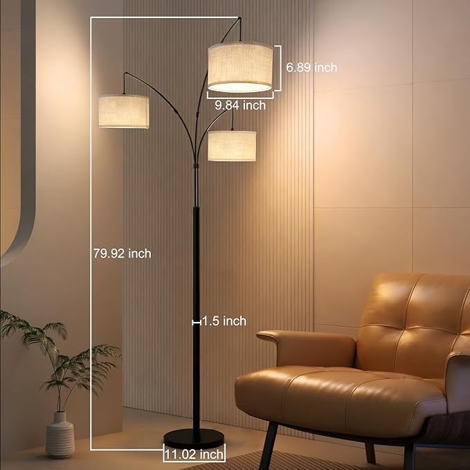 Dimmable Arc Floor Lamp, Black Pole Standing Lamp with Linen Shade and Heavy Base, Remote Control with Stpeless Color Temperatures and Brightness for Bedroom, Office