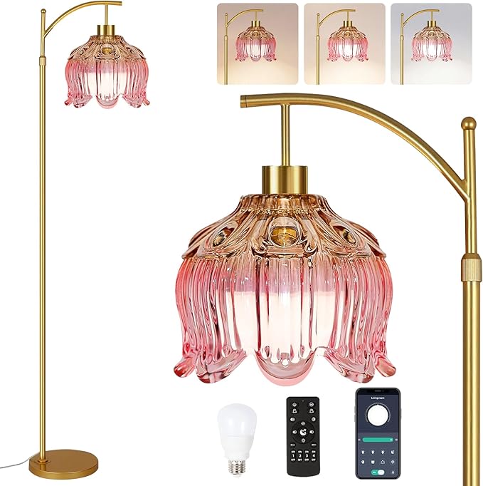 Pink Floor Lamp for Living Room,Bedroom,Glass Mid Century Modern Standing Lamp with Remote,Dimmable Gold Brass Tall Lamp Tulip Flower Arc Floor Light Boho Bohemian