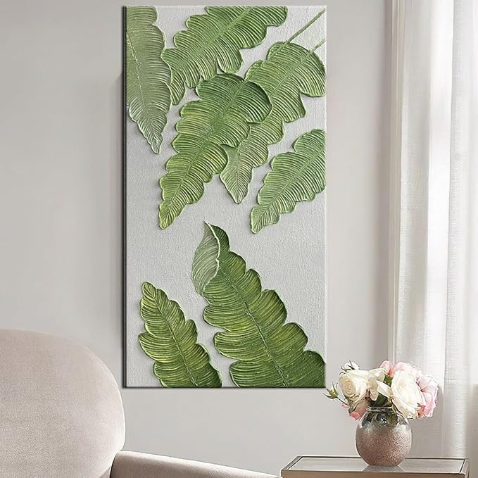 YaSheng Art- large Vertical Wall Art Oil Paintings ,Handmade 3D Textured Wall Art Green Large leaf plant Artwork paintings ,Modern Minimalist Abstract Wall Art painting, Wall Art for living room Bedroom Wall Deco Home, Framed Wall Art Pictures 30x60inch