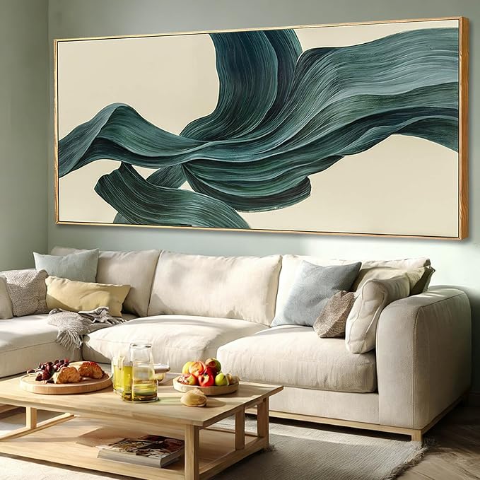 Large Abstract Canvas Wall Art 32x70 Inch, Dark Green Framed Canvas Wall Art, Modern Horizontal Printed Wall Art with Wooden Frame for Living Room Home Decor