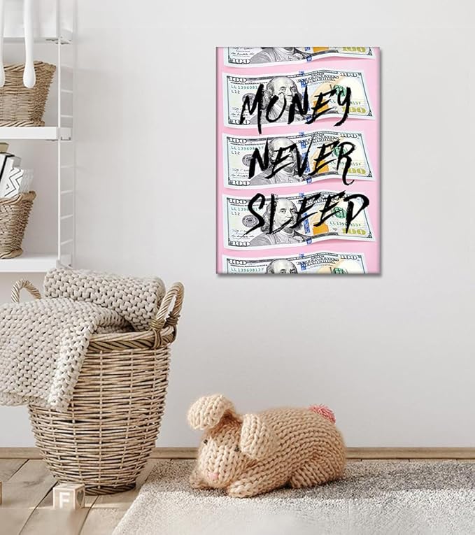 Yatsen Bridge Motivational Wall Art - Money Never Sleeps Canvas Prints Pink Money Wall Dollar Decor 100 Bill Poster Modern Office Home & Trendy Living Room Decoration, Framed Ready to Hang (12x16 in)