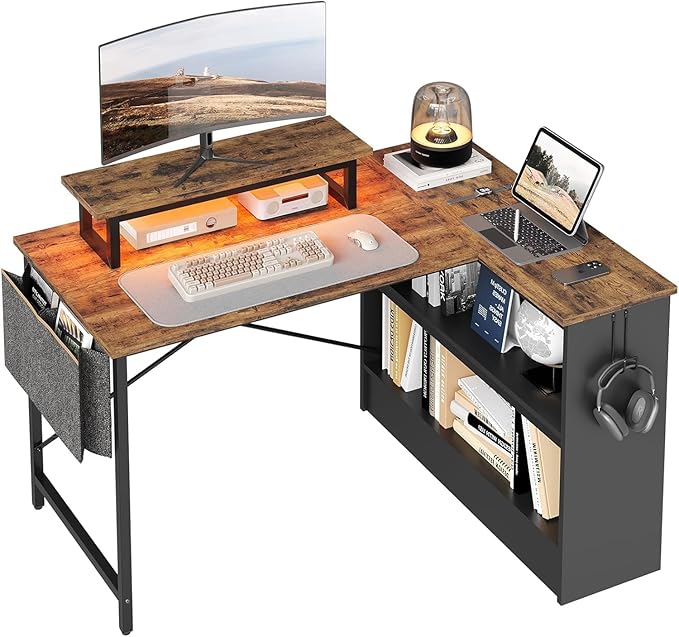 Bestier Small L Shaped Desk with LED Lights, 42 Reversible Computer Desk with Open Storage Cabinet & Monitor Stand, Corner Desk with Side Storage Bag for Home Office Bedroom, Rustic Brown