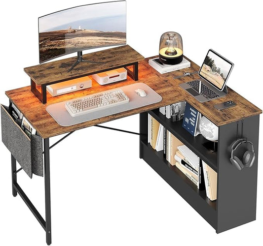 Bestier Small L Shaped Desk with LED Lights, 42 Reversible Computer Desk with Open Storage Cabinet & Monitor Stand, Corner Desk with Side Storage Bag for Home Office Bedroom, Rustic Brown
