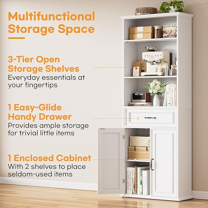 Cyclysio 80" Tall Bookcase Set of 2, Farmhouse 2 Set Bookshelves with Drawer and Doors, Floor Standing 6 Shelf Display Storage Cabinet for Home Office, Living Room (2, Antique White)