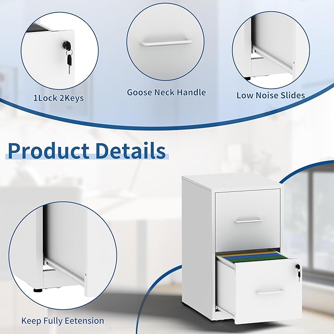 2 Drawer File Cabinet with Lock, Metal Filing Cabinet for Home Office, Vertical File Cabinet for Letter/Legal/A4/F4 Documents, Easy to Assemble Steel Storage Cabinet
