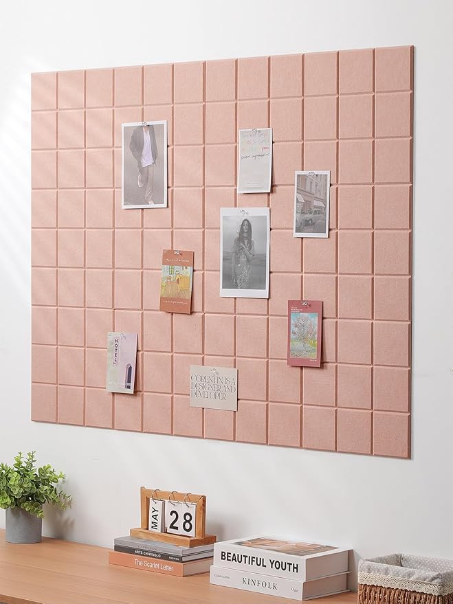 Large Cork Board, 12 Pack Felt Wall Tiles with Safe Removable Adhesive, Bulletin Board for Office, Pin Tack Corkboard for Quilting Design & Dart Wall Protector 48" x 36" - Pink Ivory