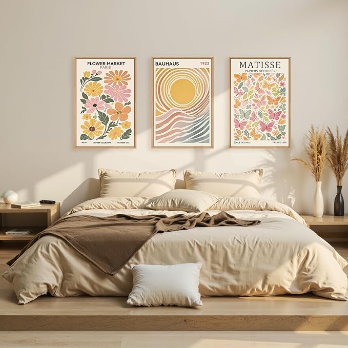 Boho Flower Market Framed Canvas Wall Art Set, Matisse Floral Wall Decor, Abstract Botanical Wall Painting, Nature Floral Illustration Art Prints for Living Room, Bedroom, Office 16"X24"X3