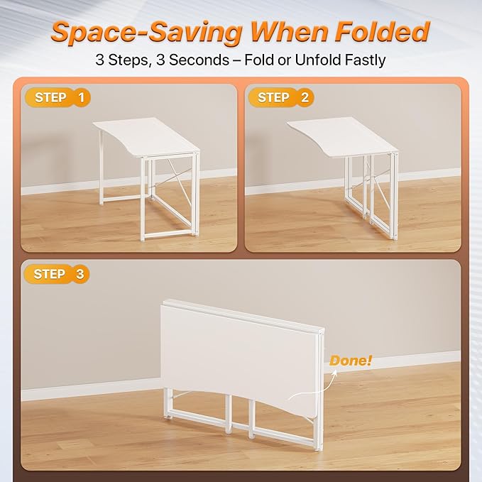Huuger Folding Desk for Small Spaces, 39.4 Inch Foldable Computer Table, for Home Office, Study, Bedroom, Dorm, Space Saving, Small Writing Work Office Computer Desk, Easy to Fold, White