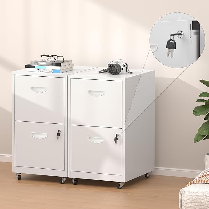 2 Drawer Rolling File Cabinet with Lock,Filing Cabinets for Home Office,Two Drawer File Cabinet, Mobile Under Desk Cabinets,Black Printer Stand with Wheels Fit Letter/A4,Assembly Required