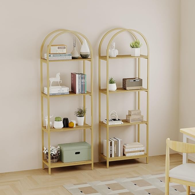 Bookshelf Arched Bookcase, Industrial 4-Tier Open Shelves with Metal Frame, 72" Tall Freestanding Storage Display Rack for Home Office, Living Room, Gold & Nature Wood, Easy Assembly