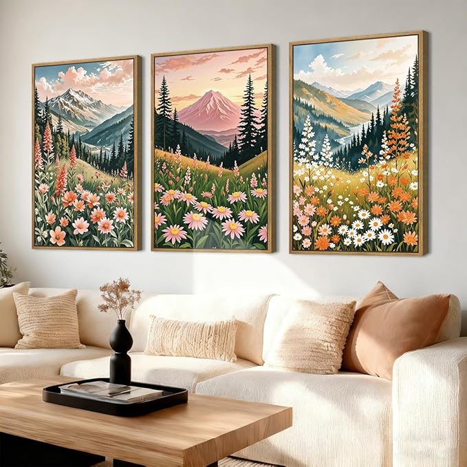 ANHUIB Extra Large Wildflower Wall Art Boho Wildflower Wall Decor 24x36 Inch Colorful Mountain Wall Art Set of 3 for Living Room Bedroom Dining Room