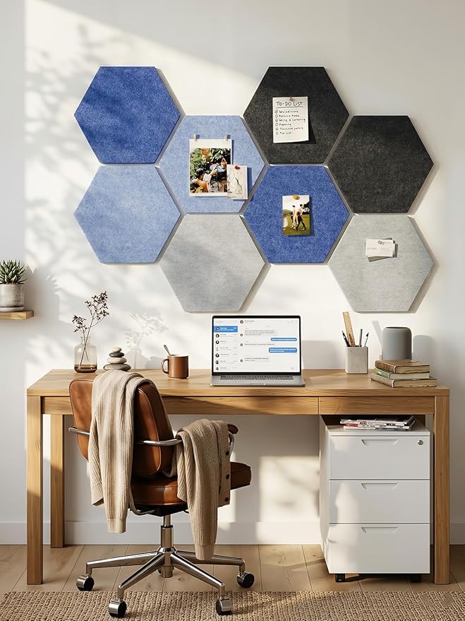 8 Pack Hexagon Felt Bulletin Board Tiles - 11.8" Large Thick Pin Board for Walls with 30 Push Pins, DIY Boards for Office Home School Decor, Aesthetic Hex Cork Board Alternative