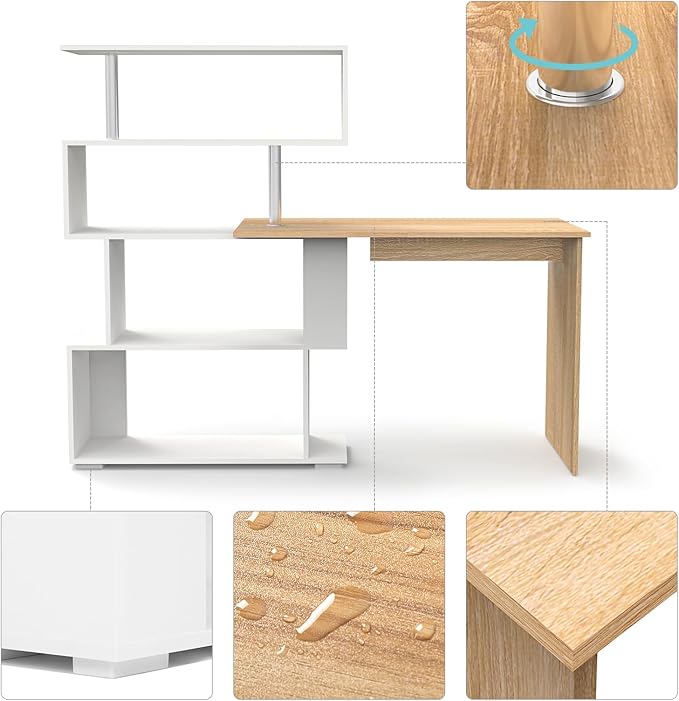 41.7" L Shaped Desk with 4-Tier Storage Shelves, Computer Corner Desk for Study Home Office Living Room (Oak and White)
