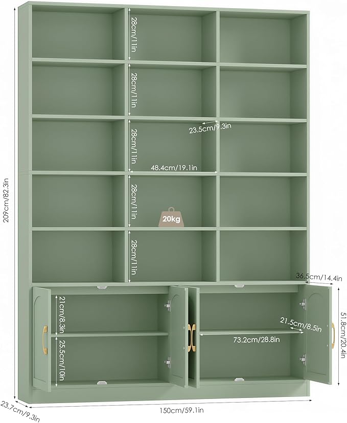 FACBOTALL 82.3" Triple Wide Bookshelf, 7-Tier Tall Bookcase with 15-Cube Open Bookshelf & 4 Doors, Large Bookshelf with Storage Cabinet, Modern Bookshelf for Living Room, Office, Study Room, Green