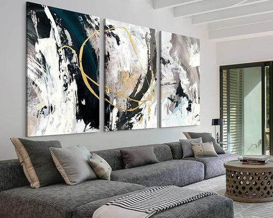 GIFTTWART Oversized Abstract Wall Art – Black White and Gold Canvas Painting with Textured Look for Living Room or Office Decoration