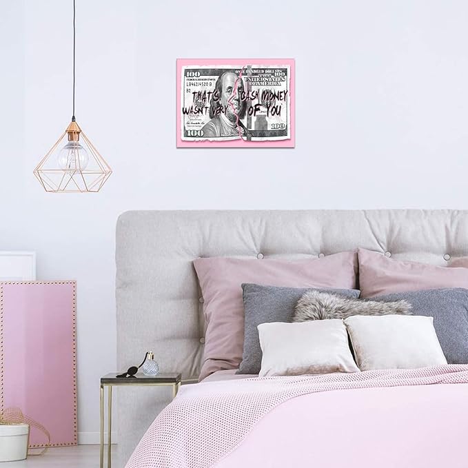 100 Dollars Bill Wall Art, Pink Money Canvas Print Office Wall Decor Modern Painting Entrepreneur Benjamin Franklin Inspirational Artwork for Living Room Bedroom Home, Ready to Hang 12" W X 16"H