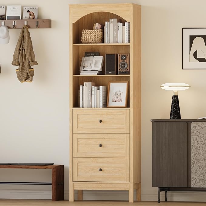71" H Tall Bookshelf with Drawers, Farmhouse Book Shelf with 3-Tier Open Shelves, Wooden Bookcase with Storage Drawers, Freestanding Bookshelves for Bedroom, Living Room, Natural Wood