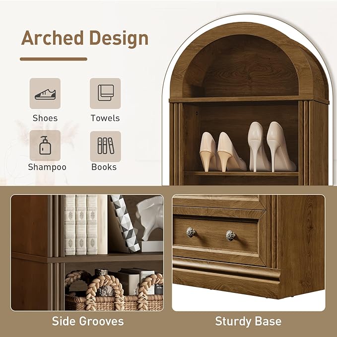 Tall Narrow Bookshelf Set of 2, Arched Bookshelf with 2 Drawers, 7-Tier Farmhouse Arch Bookcase, Wooden Book Shelf with Open Display Shelves for Office, Living Room, Kitchen, Walnut