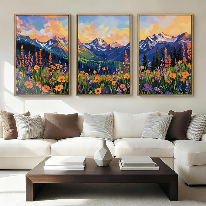 ANHUIB Colorful Wildflower Wall Art Boho Mountain Wall Decor Nature Floral Art Print 16x24 Inch Set of 3 for Living Room Bedroom Dining Room