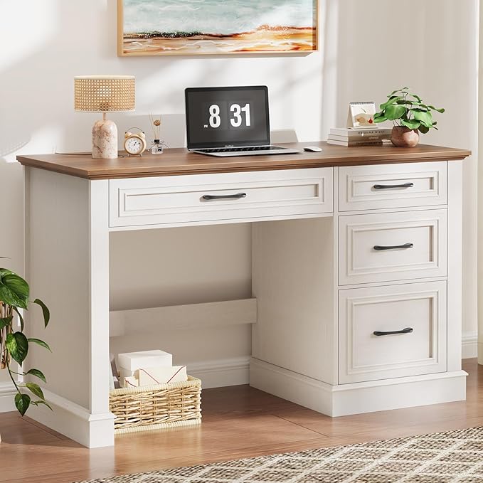 Farmhouse 47" Executive Desk with 4 Drawers, Computer Desk with File Drawer, Workstation for Study, Home Office, Writing, Unique White.