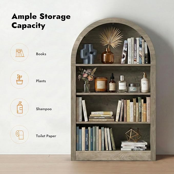 Bookcase, 4-Tier Tall Bookshelf, 47.6" Wood Open Display Floor Arched Book Shelf, Large Storage Organizer for Bedroom and Living Room Gray