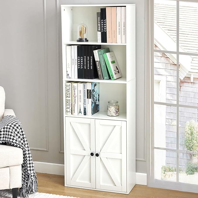 White 5-Tier Bookshelves for Living Room, Farmhouse Tall Bookcase with Doors, Wooden Bookshelf with Storage Cabinet and Shelves for Living Room, Home Office