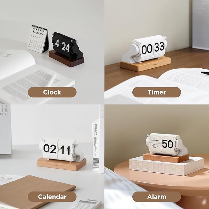 mooas Automatic Mini Flip Clock, Retro Vintage Automatic Flip Desk Clock, Timer Calendar Alarm, Snooze, Desk Clock Large Number USB-C Rechargeable, Ideal for Home Office School Hotel Café (Black)