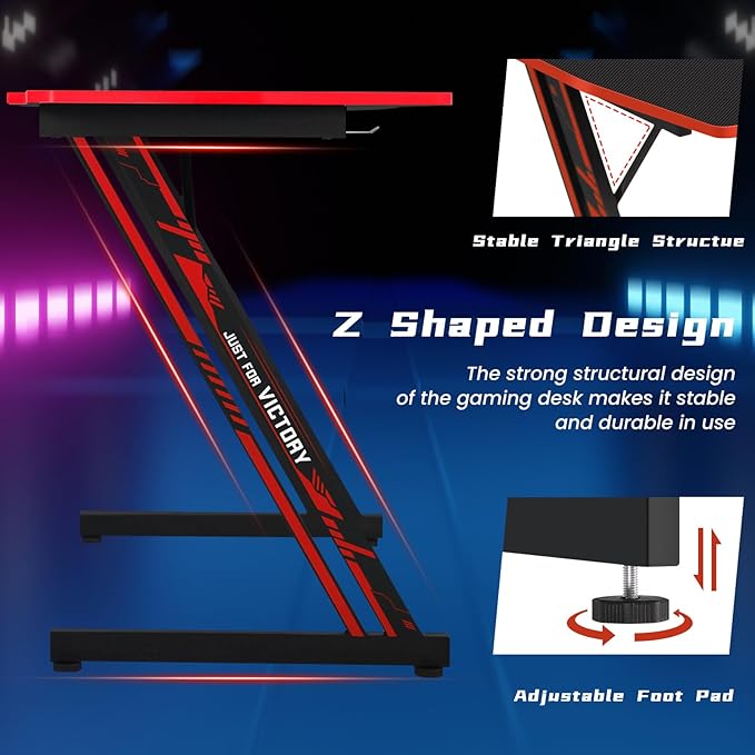 Gaming Desk 35 Inch Z-Shaped Gaming Computer Desk Modern Ergonomic PC Computer Table Home Office Desk Racing Style Gaming Workstation with Headphone Hook, Red