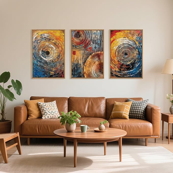 Large Colorful Tree Ring Framed Canvas Wall Art,Modern Tree Stump Wall Decor,Abstract Wood Grain Artwork,Neutral Botanical Annual Ring Art Print for Living Room,Bedroom,Office- 24"x36"x3