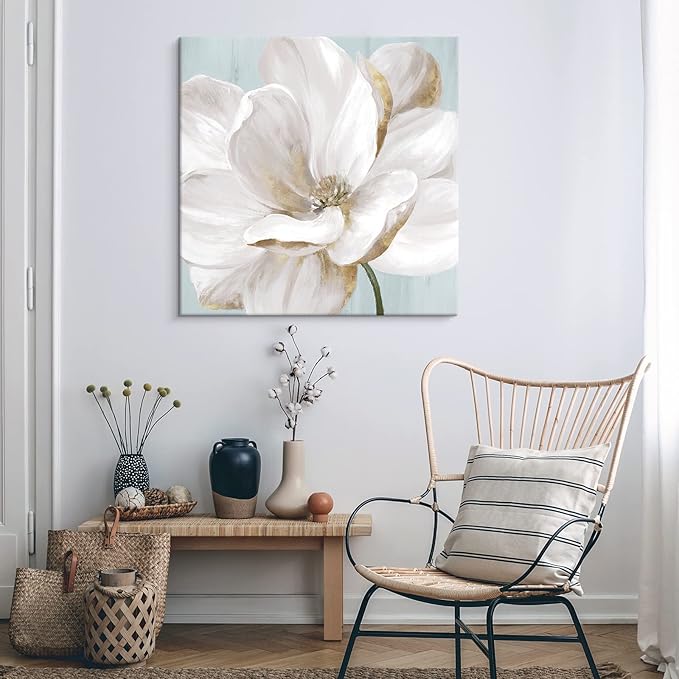 SEVEN WALL ARTS White Magnolia Flower Canvas Wall Art Floral Pictures Decor Vintage Nature Botanical Painting Modern Large Size Farmhouse Artwork for Bedroom Living Room Office 32"x 32"