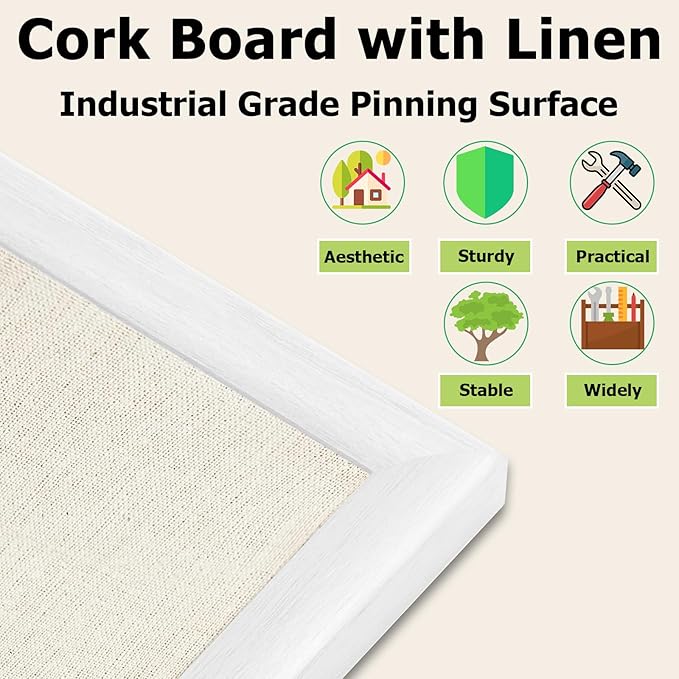 20x30 inch Large Linen Bulletin Board, Cork Board for Walls, White European Frame Style, Vision Board, Pin Wood, Ideal for Shool, Home and Office