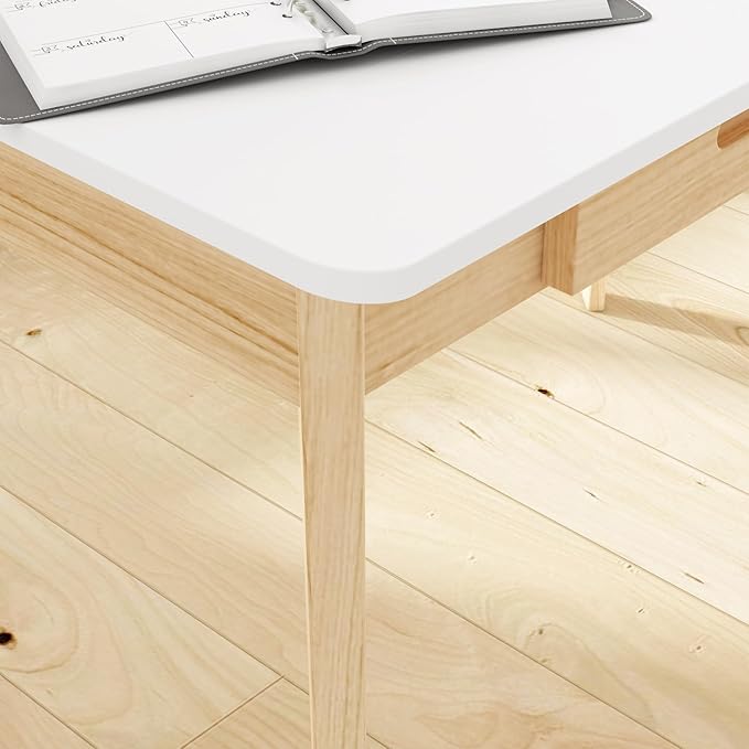 Home Office Computer Desk Coner Desk with 2 Drawers, Study Writing Table for Home Office, Study, White & Natural (39.3 ”W x 23.6”D x 29.1”H)