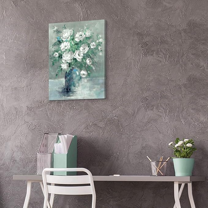 UTOP-art Floral Canvas Wall Art Painting White Rose Flower Green Leaves Hand Painted Texture Picture Artwork For Bedroom Plant Wall Decor Bathroom Walls Office(18'' x 24'' x 1 Panel)