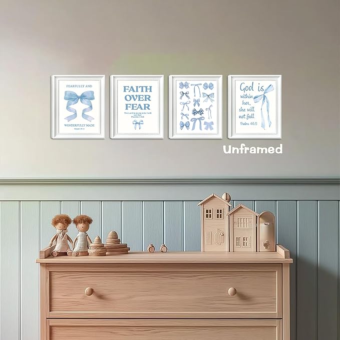 Blue Bows Jesus Bible Canvas Wall Art Set of 9, Coquette Trendy Preppy Aesthetic Girl Posters Prints Wall Decor, Christian scripture Lovers Gifts for Home Decor Living Room Bedroom 8x10In Unframed