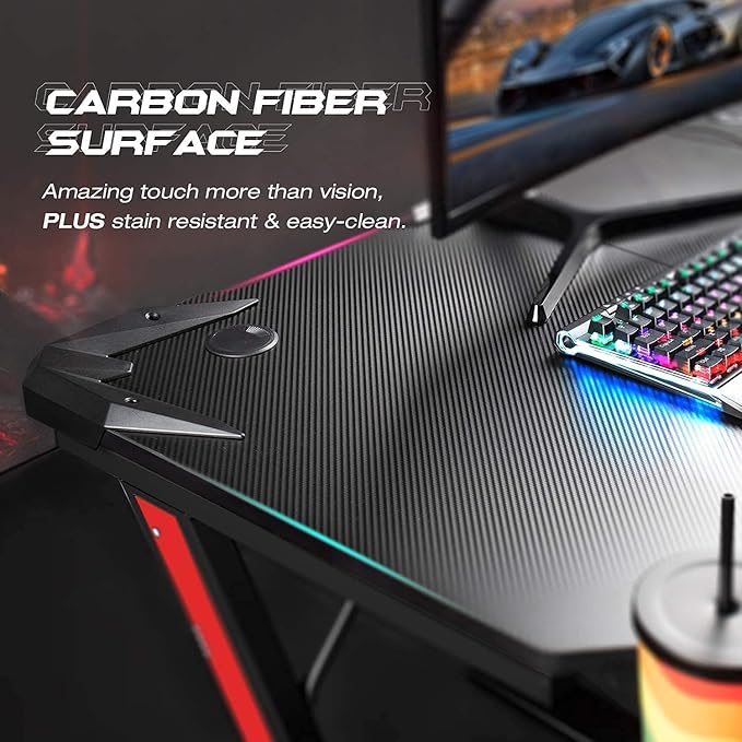 Homall Gaming Desk, Computer Desk with Carbon Fiber Surface, Gaming Table Z Shaped PC Gaming Workstation Home Office Desks with Cup Holder and Headphone Hook (44 inch, Black)