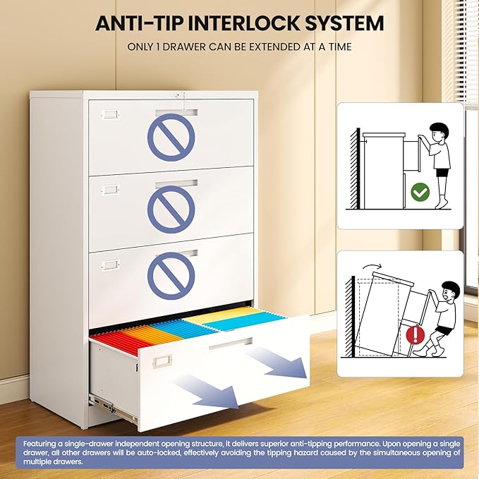 4 Drawer File Cabinet, Locking Lateral Filing Cabinet for Home Office, File Cabinets with Business Card Holder for Letter/Legal/F4/A4 Hanging Files