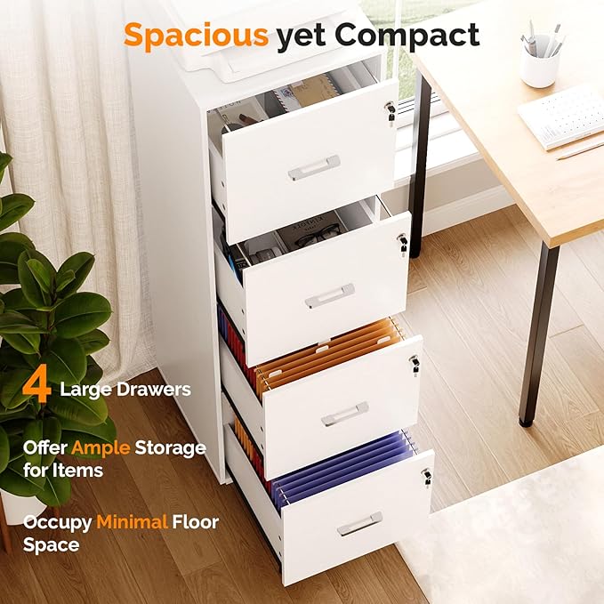 VINGLI 4 Drawer File Cabinet with Lock, Home Office Filing Organizer, for Letter Size File Folder Storage, Wood Tall Vertical Filing Cabinet, Printer Stand, Archivador (White)