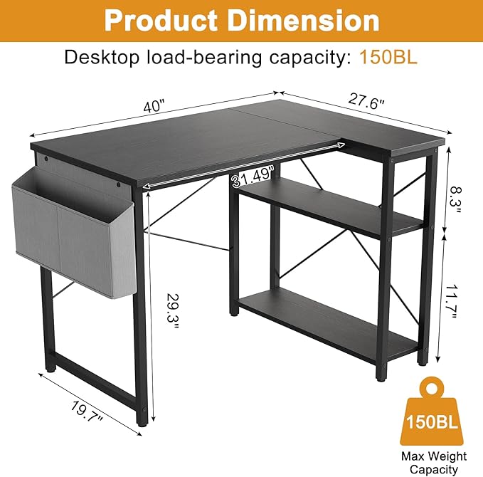 Grandder L Shaped Computer Desk with Reversible Shelves, 40 Inch Small Corner Desk with Storage Bag, Gaming Desk Computer Table Study Writing Table for Home Office Bedroom Small Space, Black