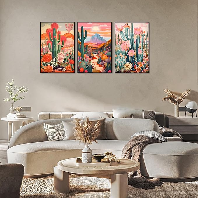 Boho Cactus Wall Art Vintage Pink Orange Plant Floral Wall decoration pictures Colorful Southwestern Rustic Painting Desert Landscape Poster Prints for Living Room Bathroom Bedroom(16x24in UNFRAMED)