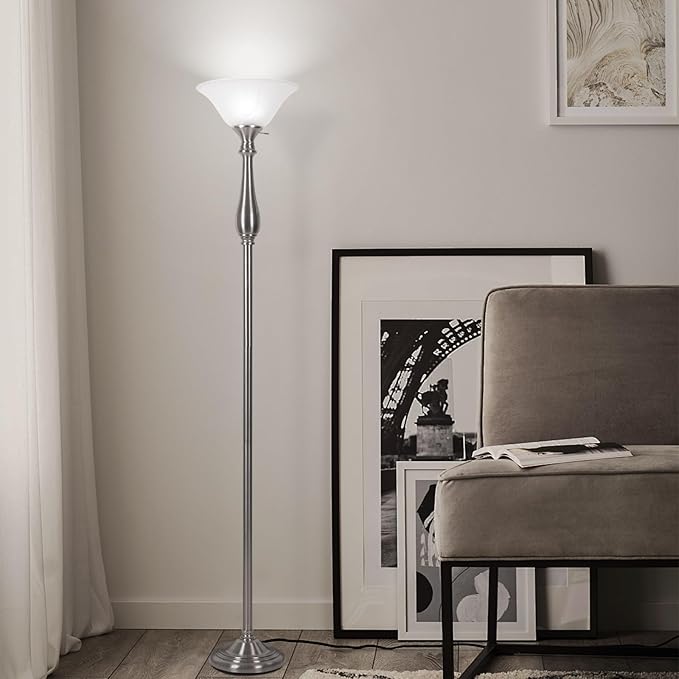 Torchiere Floor Lamps for Living Room Bedroom, 72" Tall Alabaster Glass Bowl Shade with No Bulb, Standing Lamp Iron Brushed Nickel for Corner,Office, Home Decor