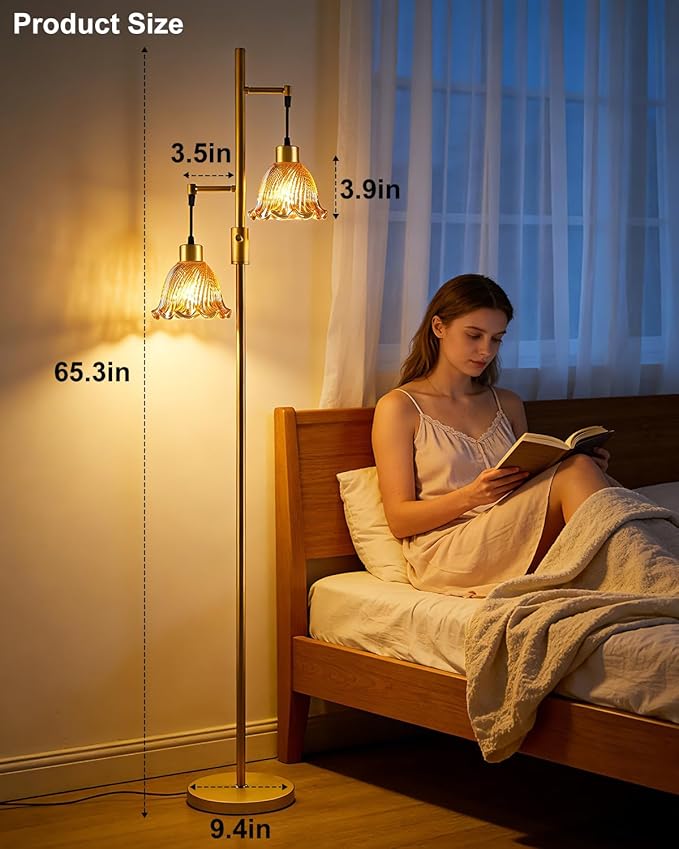 Lightdot 2- Light Gold Floor Lamp for Living Room, 65IN Dimmable Floor Lamps with Brown Glass Shade&3000K Warm White Bulbs, Modern Standing Tall Lamp for Bedroom Office