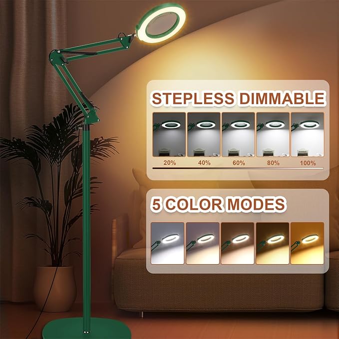 LANCOSC 10X Magnifying Glass with Light and Stand, 3-in-1 Adjustable Swing Floor Lamp, 5 Color Modes Stepless Dimmable, LED Lighted Hands Free Magnifier & Clamp for Reading, Crafts, Painting - Green