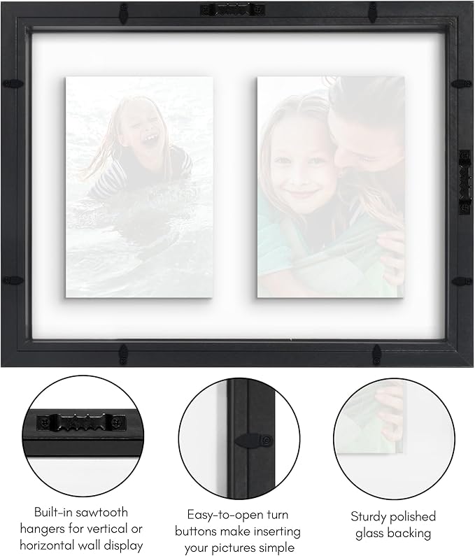Americanflat 4x6 Double Picture Frame with Shatter-Resistant Glass - Fits Two 4x6 Photos or use as One 9x12 Picture Frame - Signature Collection - Collage Frames with Floating Effect for Wall - Black