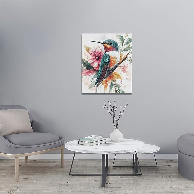 Watercolor Hummingbird Wall Art Country Flower Bird Pictures Wall Decor Colorful Canvas Painting Modern Home Artwork Decorations for Bathroom Bedroom Living Room Office Framed 20"x24"