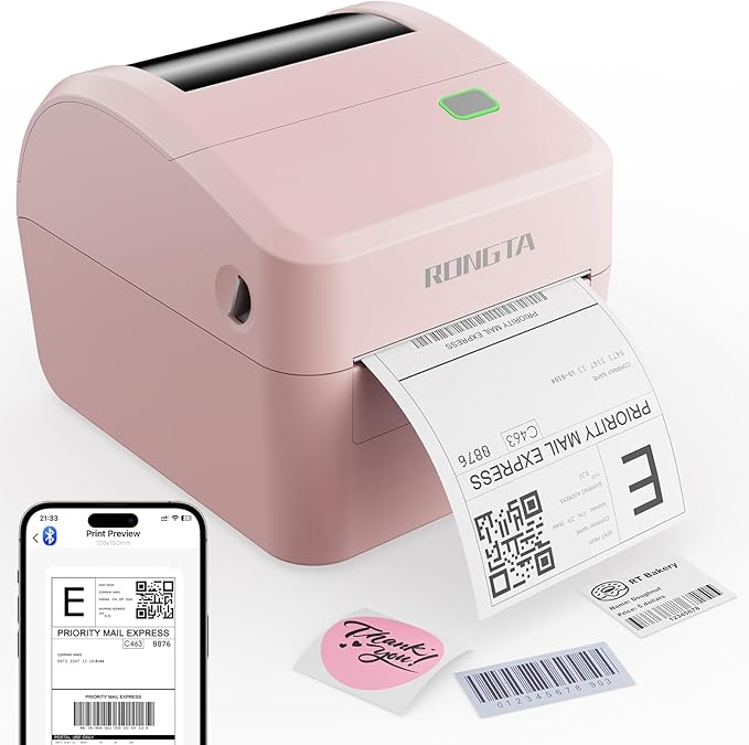 Rongta 4x6 Bluetooth Shipping Label Printer - Thermal Label Printer for Shipping Packages, Small Business, Home, Office, Compatible with Amazon, Tiktok, Etsy, USPS, Commercial Grade, Pink
