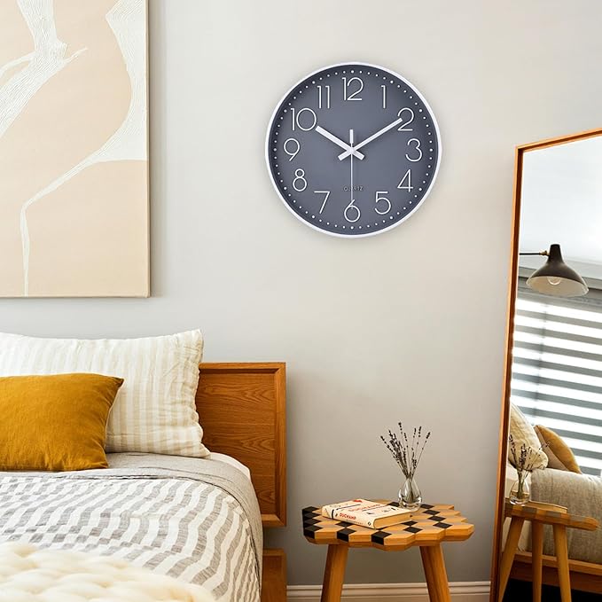 jomparis Non-Ticking Wall Clock Silent Battery Operated Round Wall Clock Modern Simple Style Decor Clock for Home/Office/School/Kitchen/Bedroom/Living Room (13.5 Inch Gray)