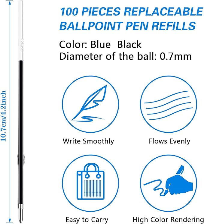 JANYUN 100 Pieces Ink Pen Refills, 0.7mm Ballpoint, 107mm Blue Black Ink, Smooth Writing for Journal, Office, School