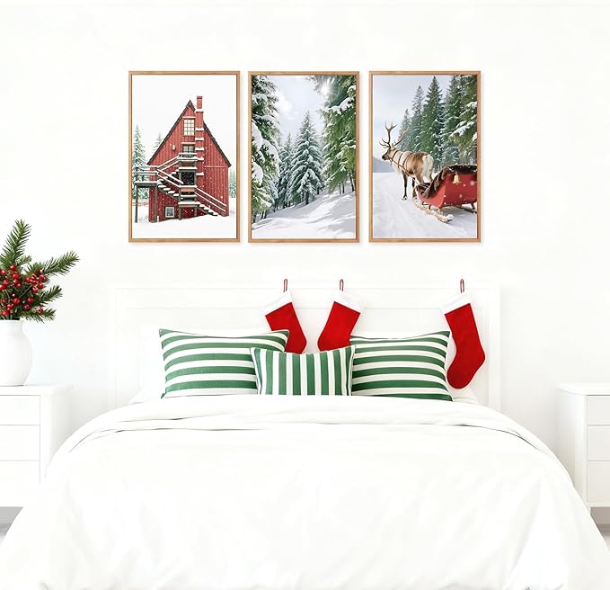 CHDITB Christmas Framed Canvas Wall Art(16"x24"), 3 Panels Farmhouse Winter Snow Forest Landscape Artwork Prints, Large Rustic Reindeer Sleigh Cabin Cottage Decor for Home Office Bedroom